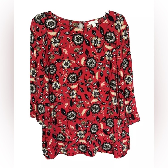 J. Jill Blouse Top Womens Large Red Black Floral 3/4 Sleeve Keyhole Boat Neck - Picture 1 of 11